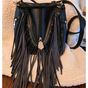 Commense Black Boho Fringe Tassel Handle/Shoulder Bag Faux Leather Moto Western